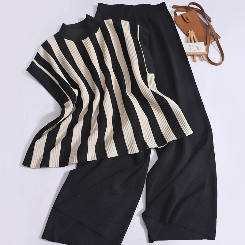 2-pieces Knit Set Casual Vertical Striped Pullovers Spring Summer Short Sleeved OL Tops For Woman Clothes Long Pant New In Suits