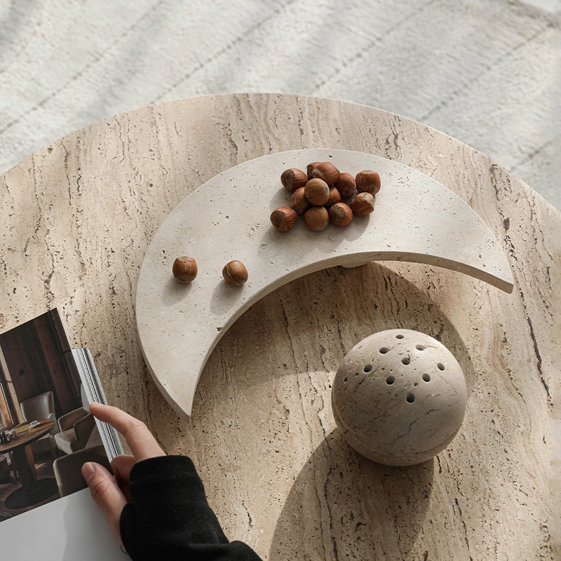 Travertine Tray for Candle and Mubkhar Decorative Moon Shaped Trinket Dish for Jewelry Perfume