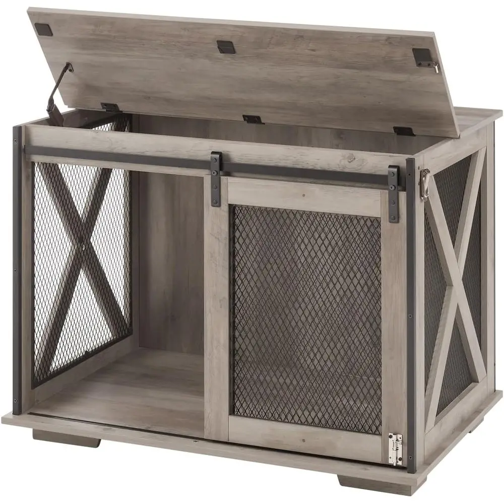 

Серая деревянная ящик для собак с раздвижной дверью и съемным перегородкой для маленьких и больших собак