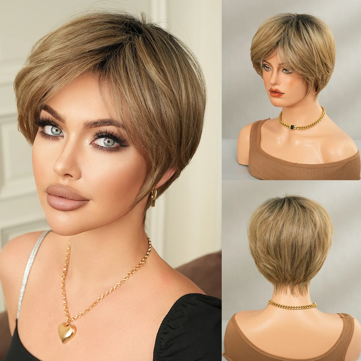 NAMM Synthetic Brown Wig for Women Daily Party New Trend Natural Wigs with Bangs Ombre Bob Heat Resistant Fiber