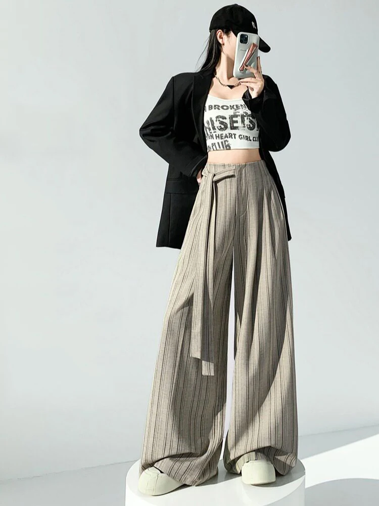 

Vintage Striped Suit Wide Leg Pants Loose High Waisted Strap Straight Leg Pants Spring Summer New Fashion Casual Women's Pants