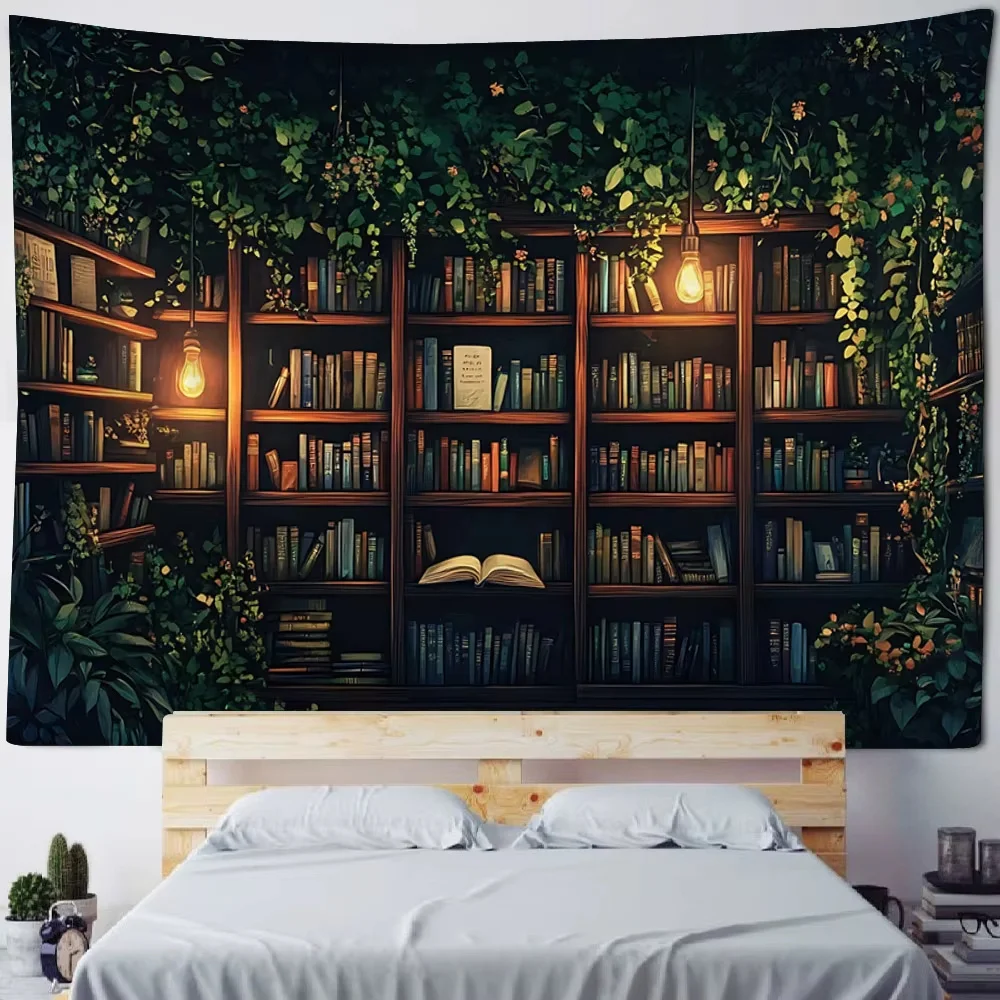 Cozy Library Room Wall Tapestry Bookshelf Fireplace Art Vintage Reading Decor Study Room Design Literary Poster Home Decoration