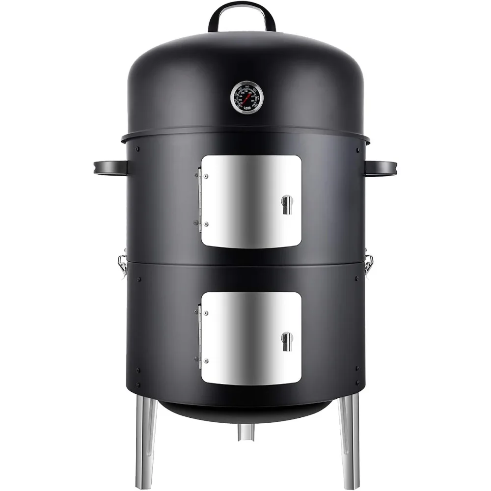 

Realcook Vertical 17 Inch Steel Charcoal Smoker, Heavy Duty Round BBQ Grill for Outdoor Cooking, Black