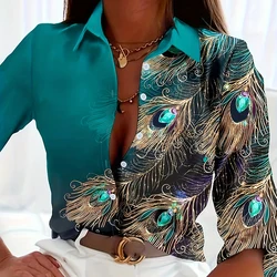 Women'S Shirt Women'S Elegant Long Sleeve Evening Dress Summer Simple Everyday Casual Shirt Vintage Peacock Feather Print Top