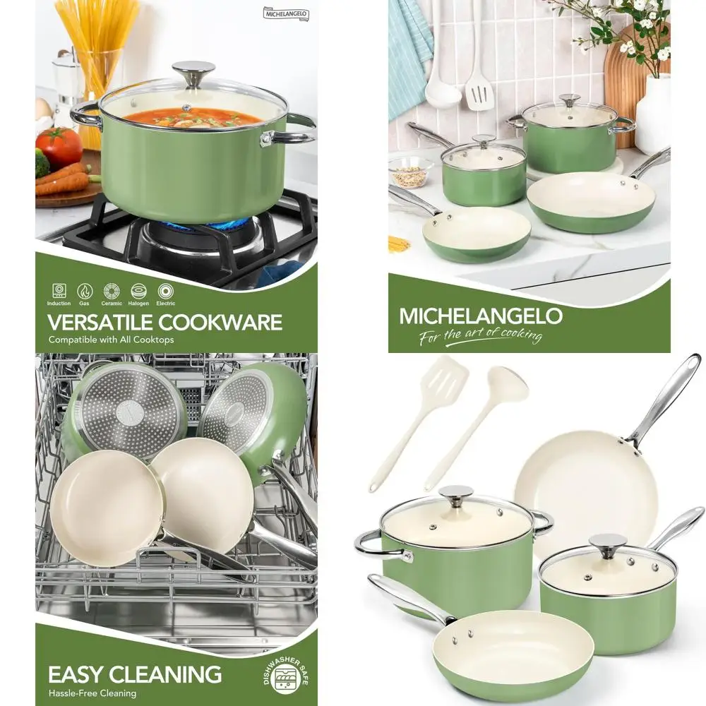 

Green 8-Piece Non-Stick Ceramic Cookware Set with Ergonomic Handles, Dishwasher Safe, Induction Ready