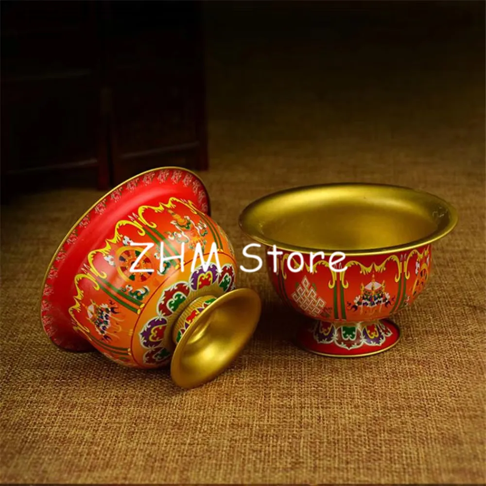 8pcs/Set Alloy Metal Tibetan Supply Buddhist 6cm Hand Painted Craft Eight Auspicious Symbol Sacrifice Cleaned Bowel/Cups Sets