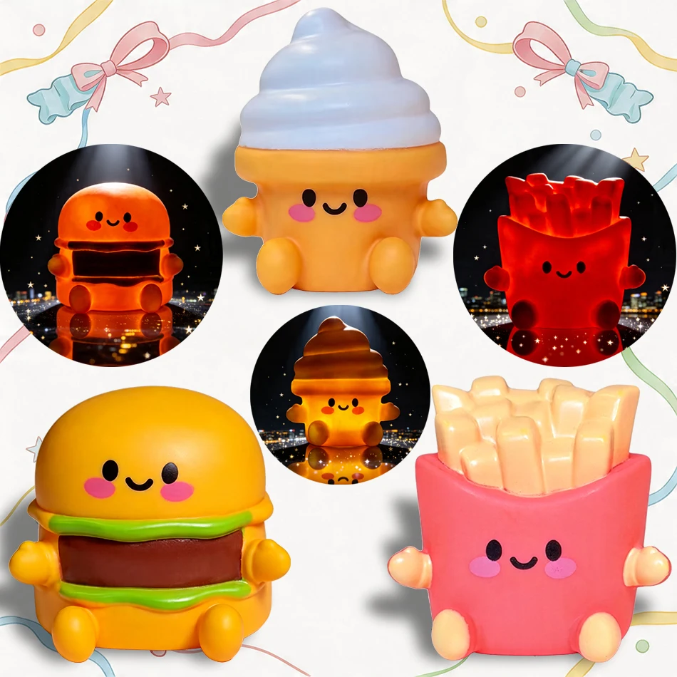 3Pcs Food Series Night Light Ice Cream French Fries Hamburger Cute glowing Lamp Bedside Nightstand Decor Christmas Gift