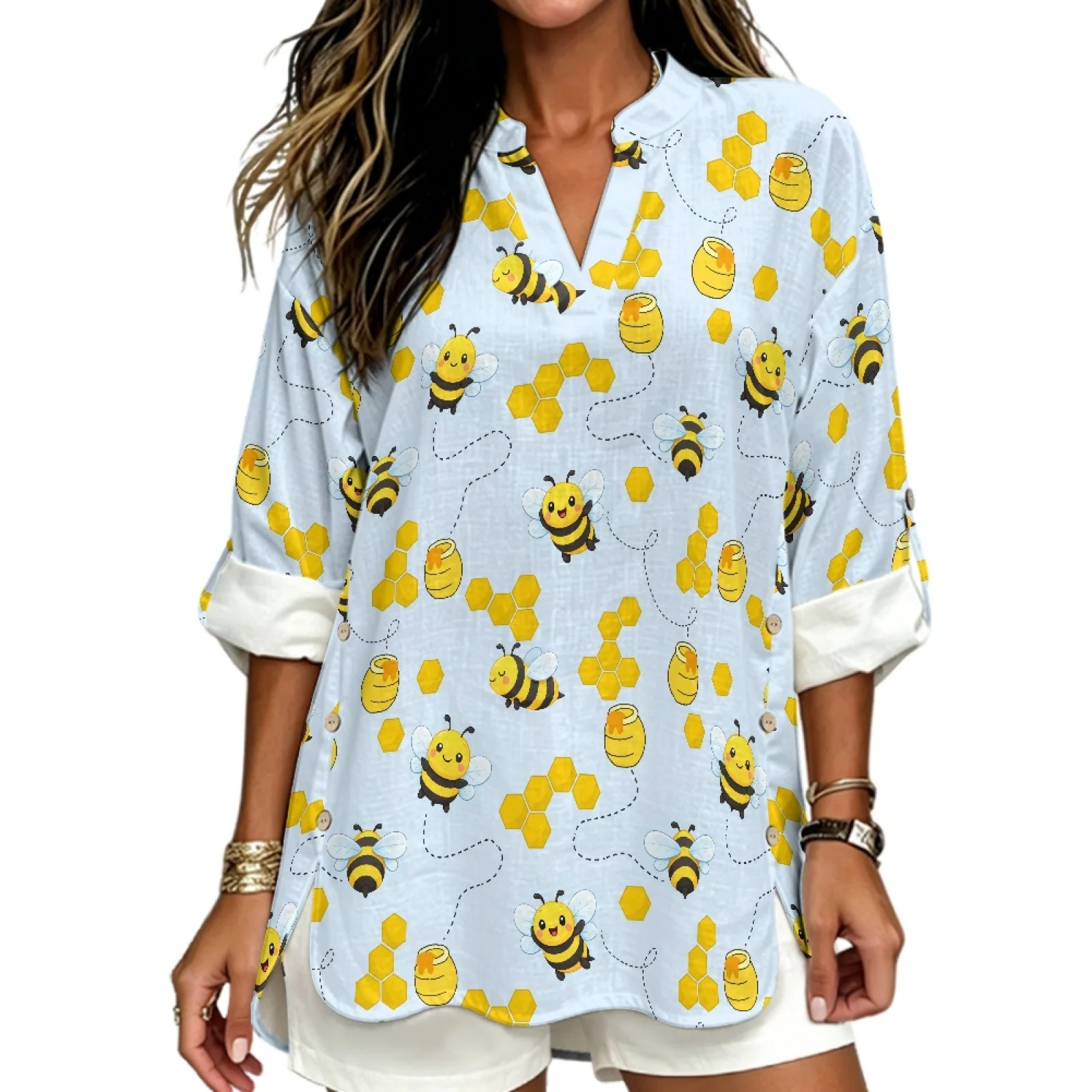 PENSTROLL Bee Honeycomb Linen Like Casual Long Sleeve V Neck Tops Roll-Up Casual Shirts for Summer Coastal Trips Sizes S-5XL