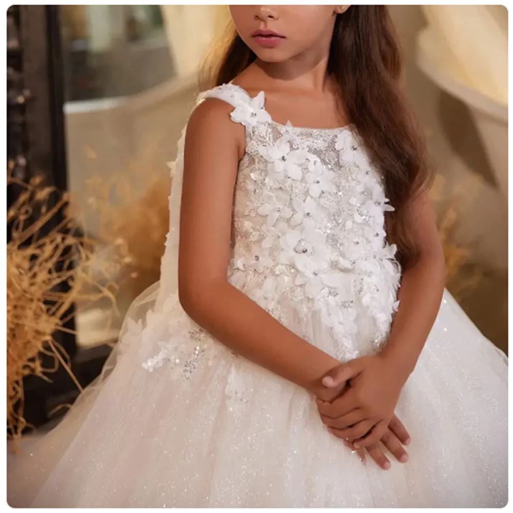 Flower Girl Dress Elegant White Appliques Lace Princess Kids Wedding Birthday First Communion Party Gown