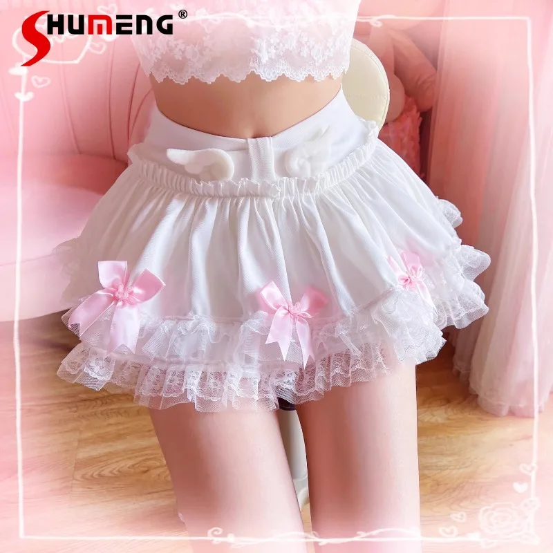 White Color Lace Edge Wings Bow Hot Girl Pettiskirt A-line Skirt Exposure-Proof Belt Safety Pants High Waist Skirts Y2k Clothes