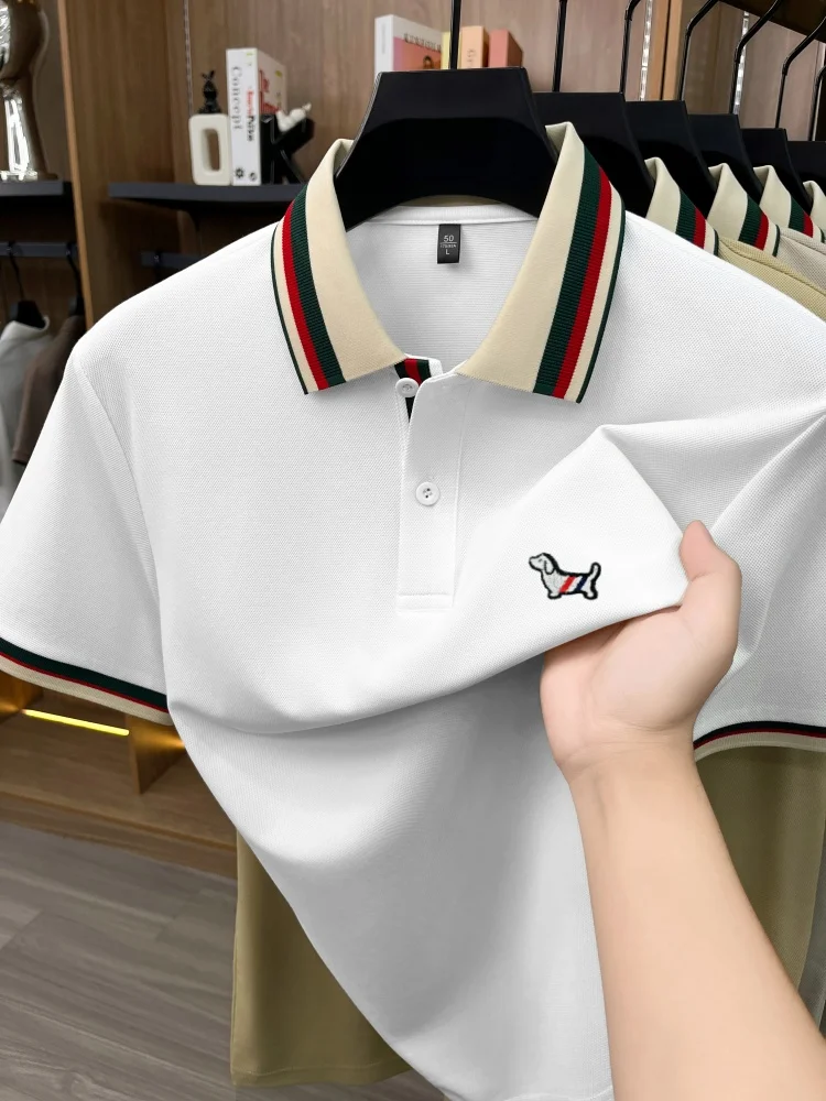 Advanced silk cotton short sleeve polo shirt men's summer fashion brand exquisite cute dog embossed design Korean casual T-shirt