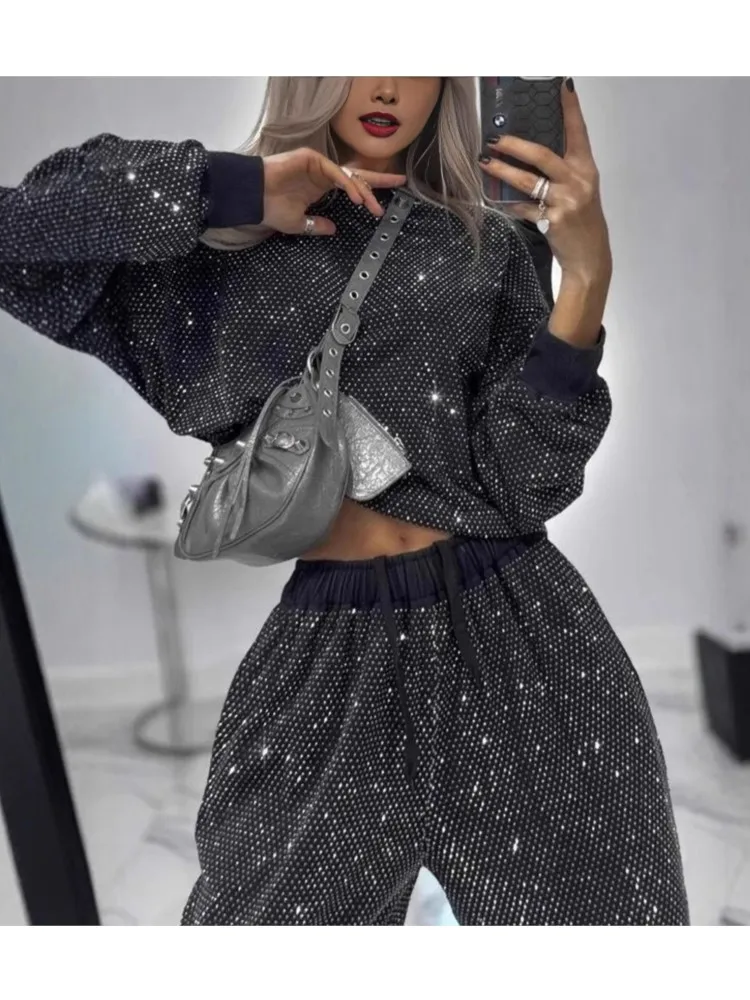 

Casual 2 Pieces Set For Woman Hot Style Homewear Two Piece Outfits New In Matching Sets Loose Wide Legs Trousers Fashion Sequin
