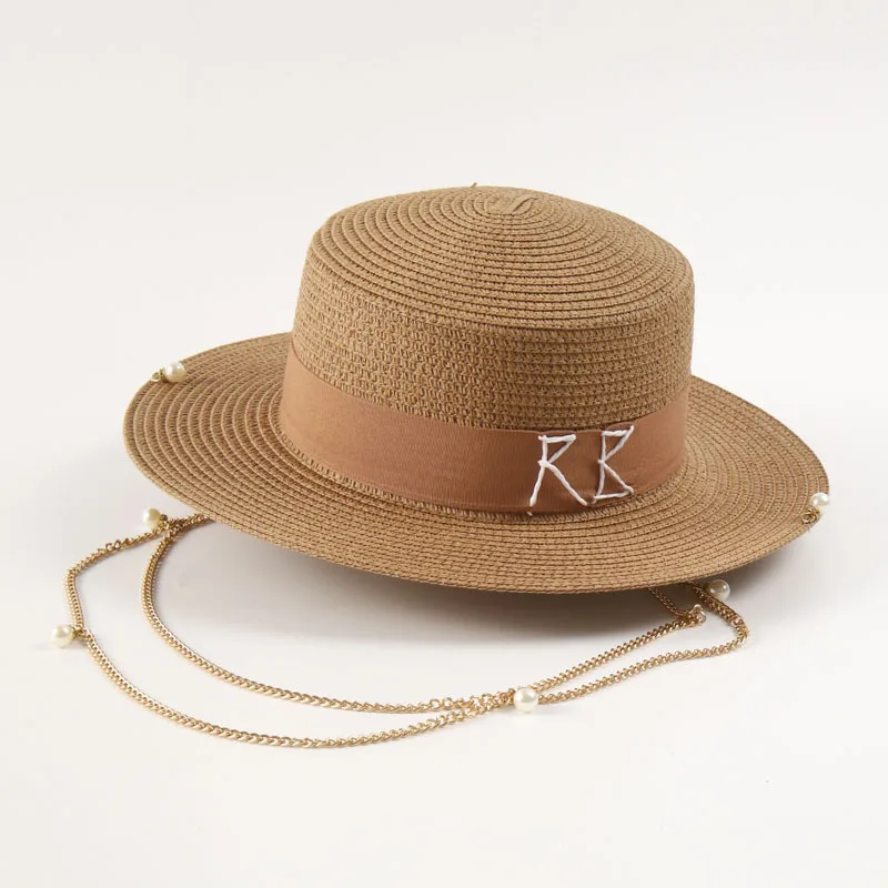 chapeau-de-soleil-en-paille-a-bord-plat-avec-logo-rb-brode-a-la-main-casquette-de-plage-avec-chaine-de-perles