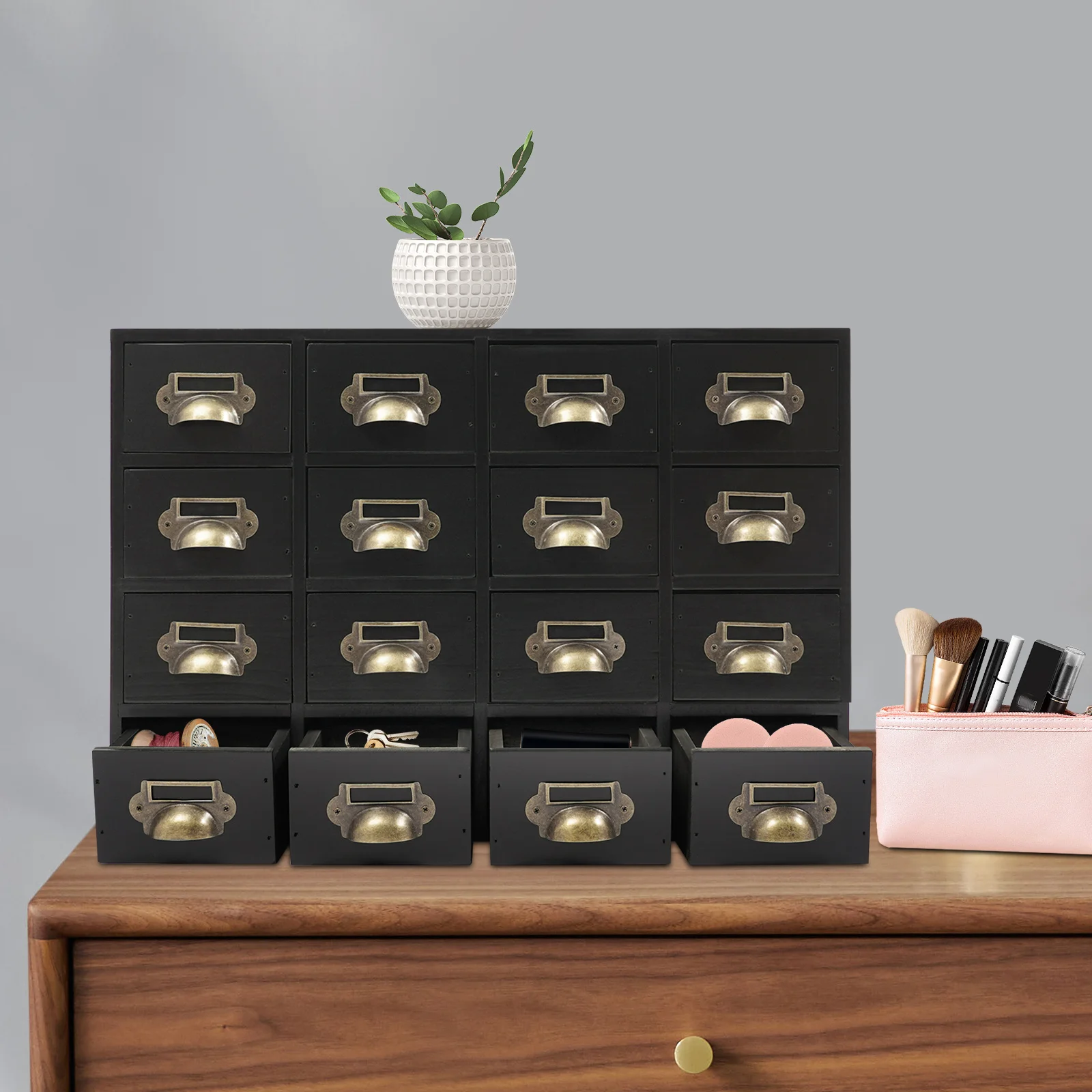 

16 ящиков, аптекарный шкаф, библиотека, каталог карт, шкаф, ящик для каталога карт с металлическими ручками и слотом для этикеток, деревянный органайзер