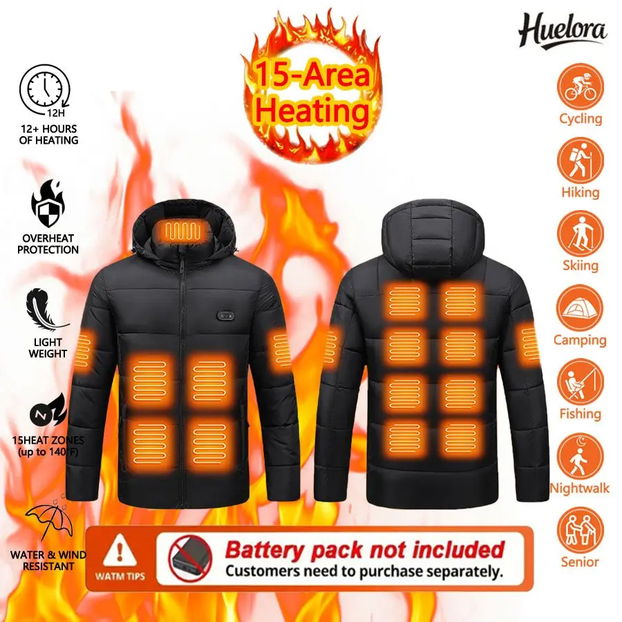 

Huelora 15-зонная куртка с подогревом, женская одежда с подогревом, мужская куртка с капюшоном для рыбалки в холодную погоду (не входит внешний аккумулятор)