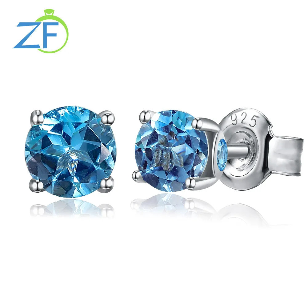 GZ ZONGFA 100% Natural 5mm Gemstones 925 Sterling Silver Stud Earrings for Women Girls Luxury Blue Topaz High Quality Jewelry