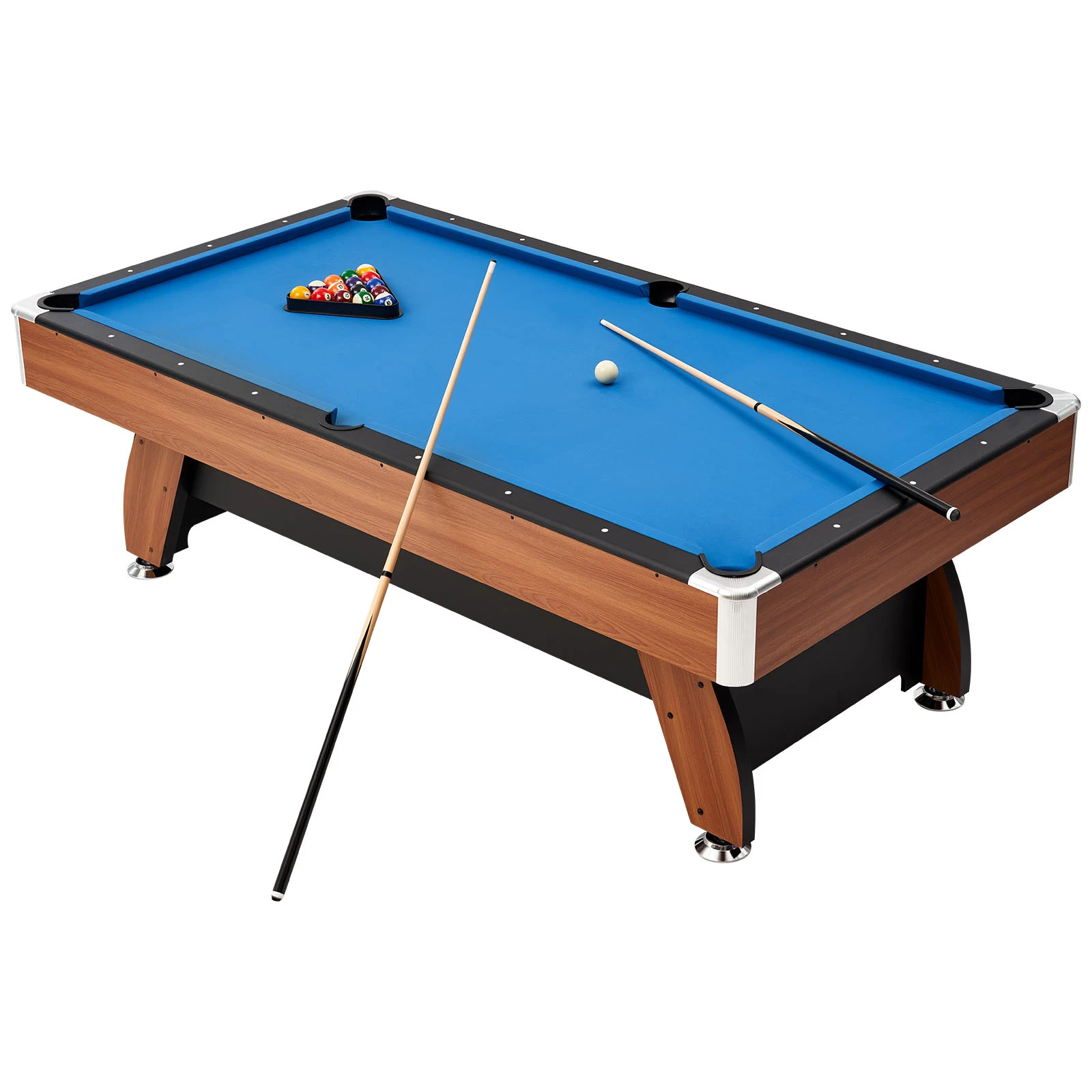 SucceBuy 8 ft Pool Table with Wood Finish Modern Full Set Includes Balls Cues Rack Chalks and Brush Blue Cloth for Family Use
