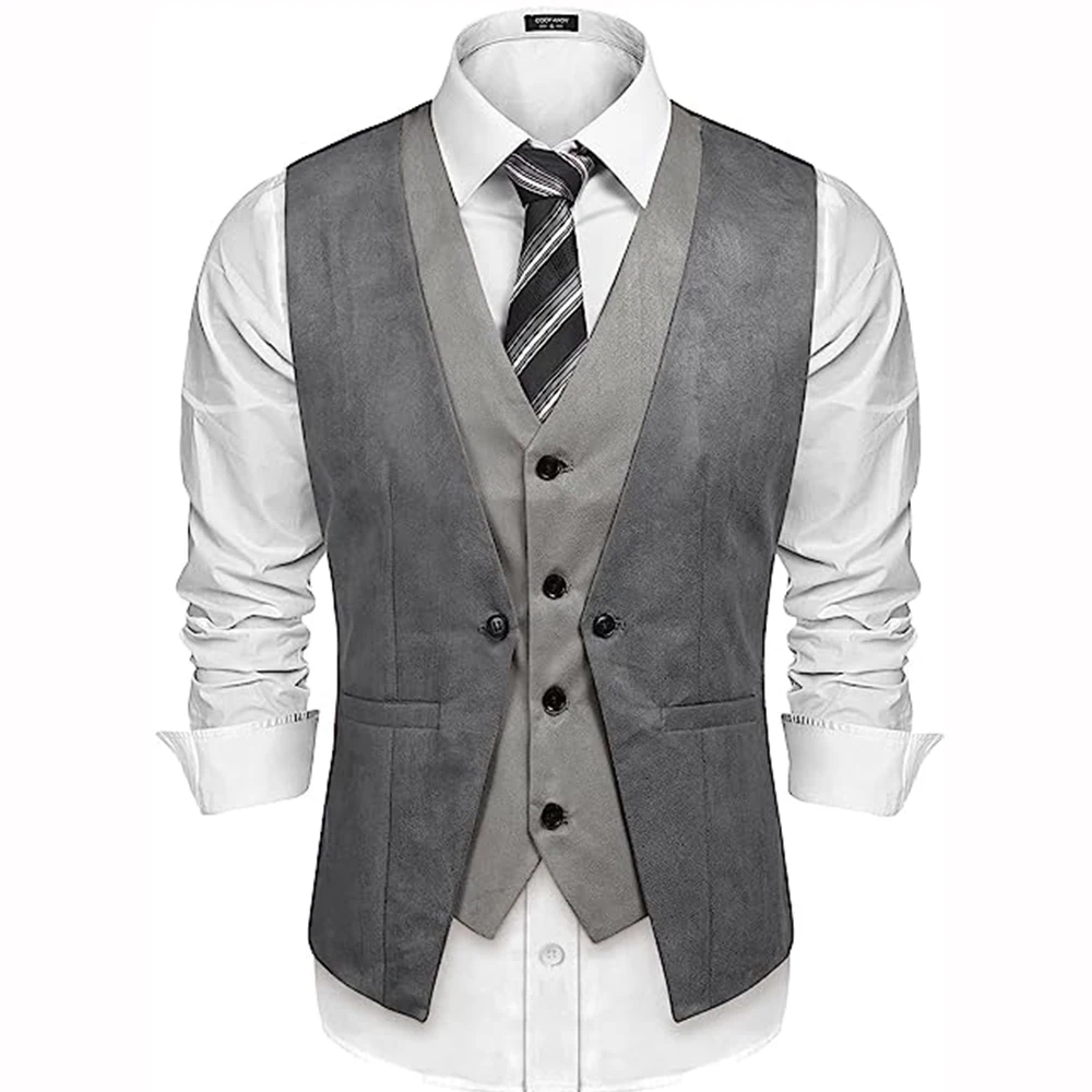 Casaco sem mangas masculino single-breasted slim fit, camurça cor, costura, gola V, melhores ternos de colete para casamento