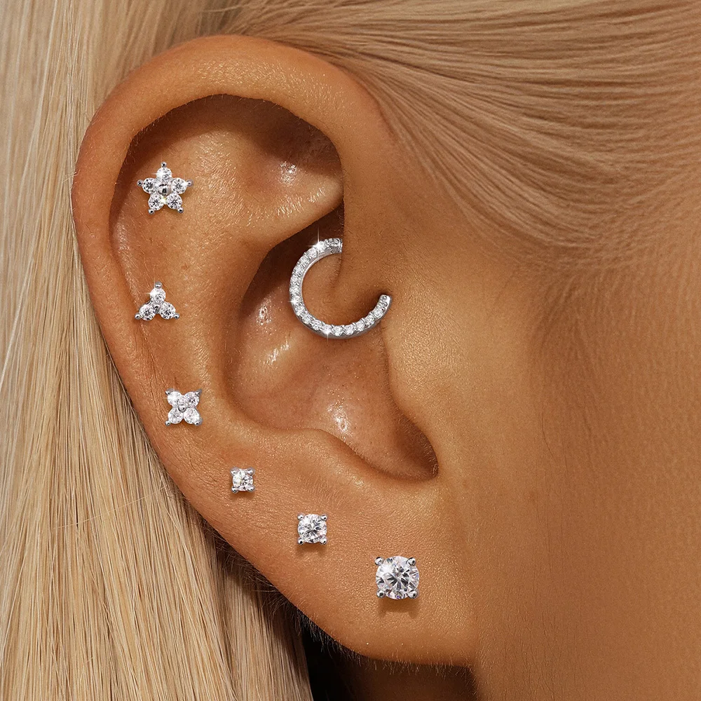 CANNER 1PC 2/3/4mm Four Claws Moissanite Threaded Cartilage Piercing Earrings For Women 925 Sterling Silver Helix/Tragus Jewelry