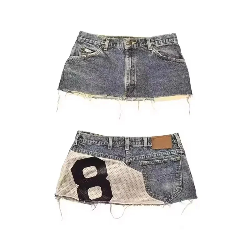 Y2K Gothic Streetwear Digital Print Patchwork Washed Denim Mini Skirt Edgy Clubwear For Women Teens Halloween Party Outfit