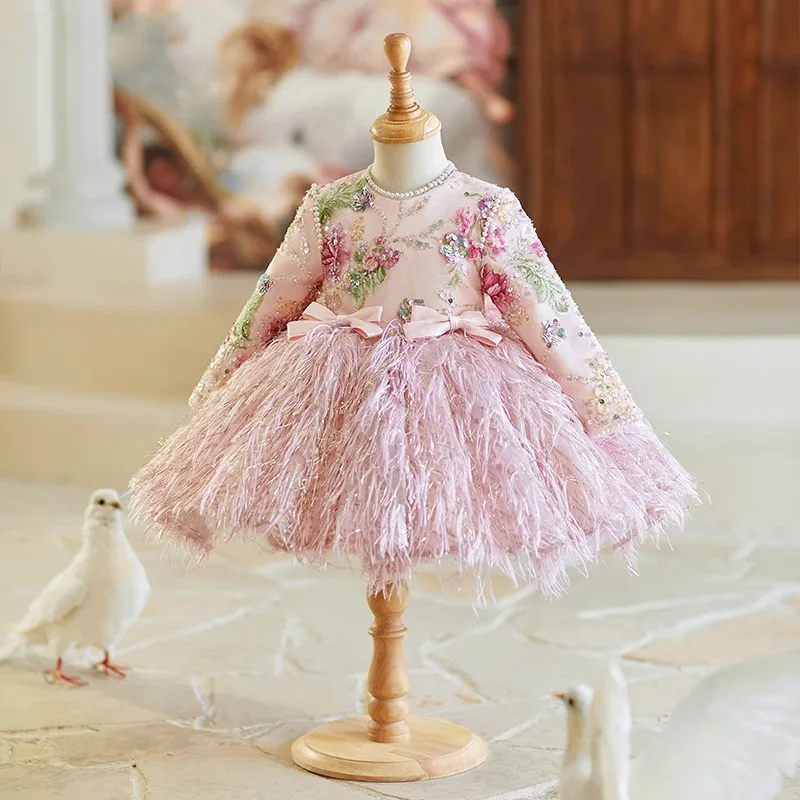 Girls Pink Wedding Princess Ball Gown Children Elegant Fashion Beading Sequins Bow Design Birthday Host Perfromances Dress y1483