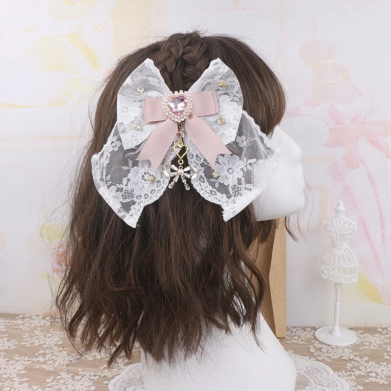 Pinces à cheveux pour femmes, gros nœuds ornés, dentelle luxuriante, épingles à cheveux faites à la main, Accessoires avec nœud Lolita, strass, pinces à cheveux tendance pour femmes