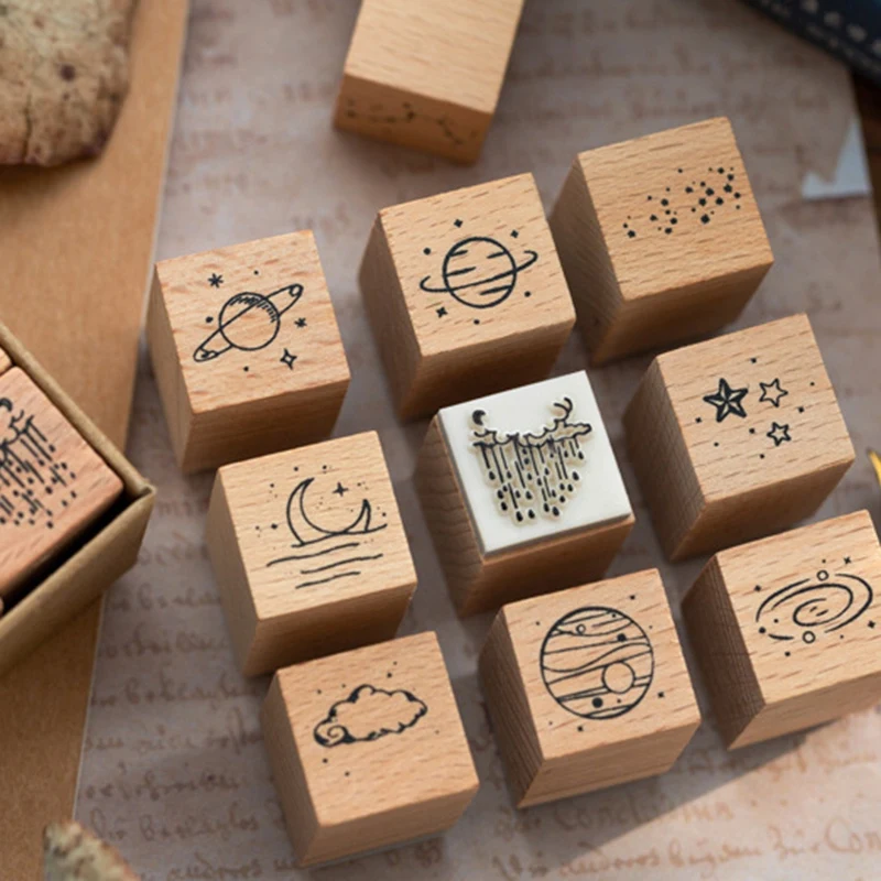 16Pcs/Lot Vintage Planet Moon Cloud Decoration Stamp Wooden Rubber Stamps For Scrapbooking Stationery DIY Craft Standard Stamp