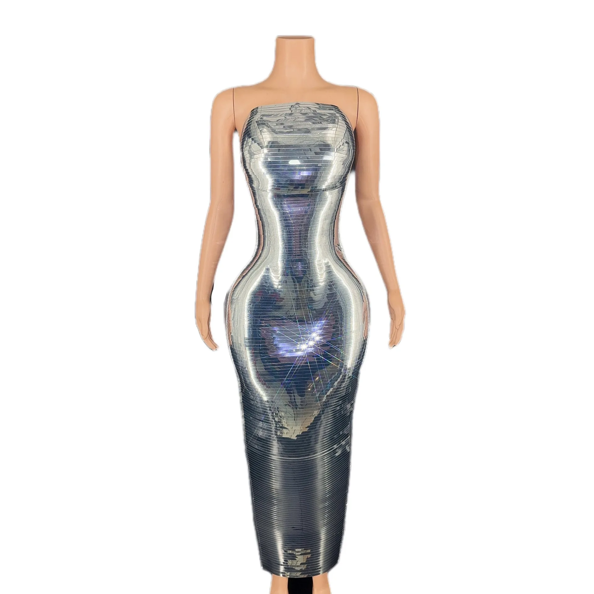 

Electronic Music Festival Sexy Costumes Women's Clothing New Shiny Face off-Shoulder Tube Top Strapless Long Type Party Dress