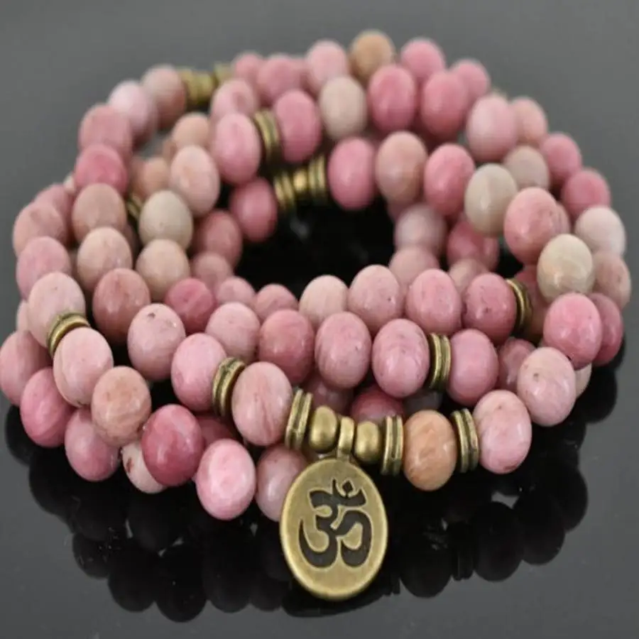 

6mm Rhodochrosite Bracelet 108 Beads OM Pendant Yoga Jewelry tassel Meditation Mala zazen elastic Sacred Bead Buddha Hand