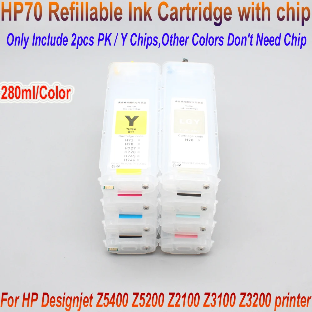 130ml 280ml 8Colors HP 70 Refill Ink Cartridge With Auto Reset Chip For HP Designjet Z2100 Z5200 Inkjet Plotter permanent chip