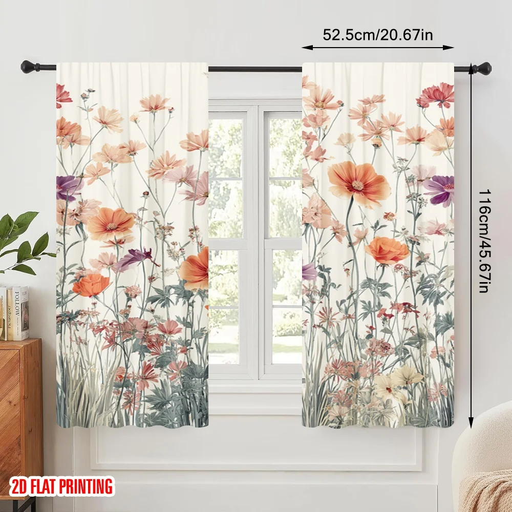 2pcs,2D plane printing Pattern Curtains Pastel Wildflower Bouquet Versatile Fabric (without rod) Art Deco Festive Ldeal for