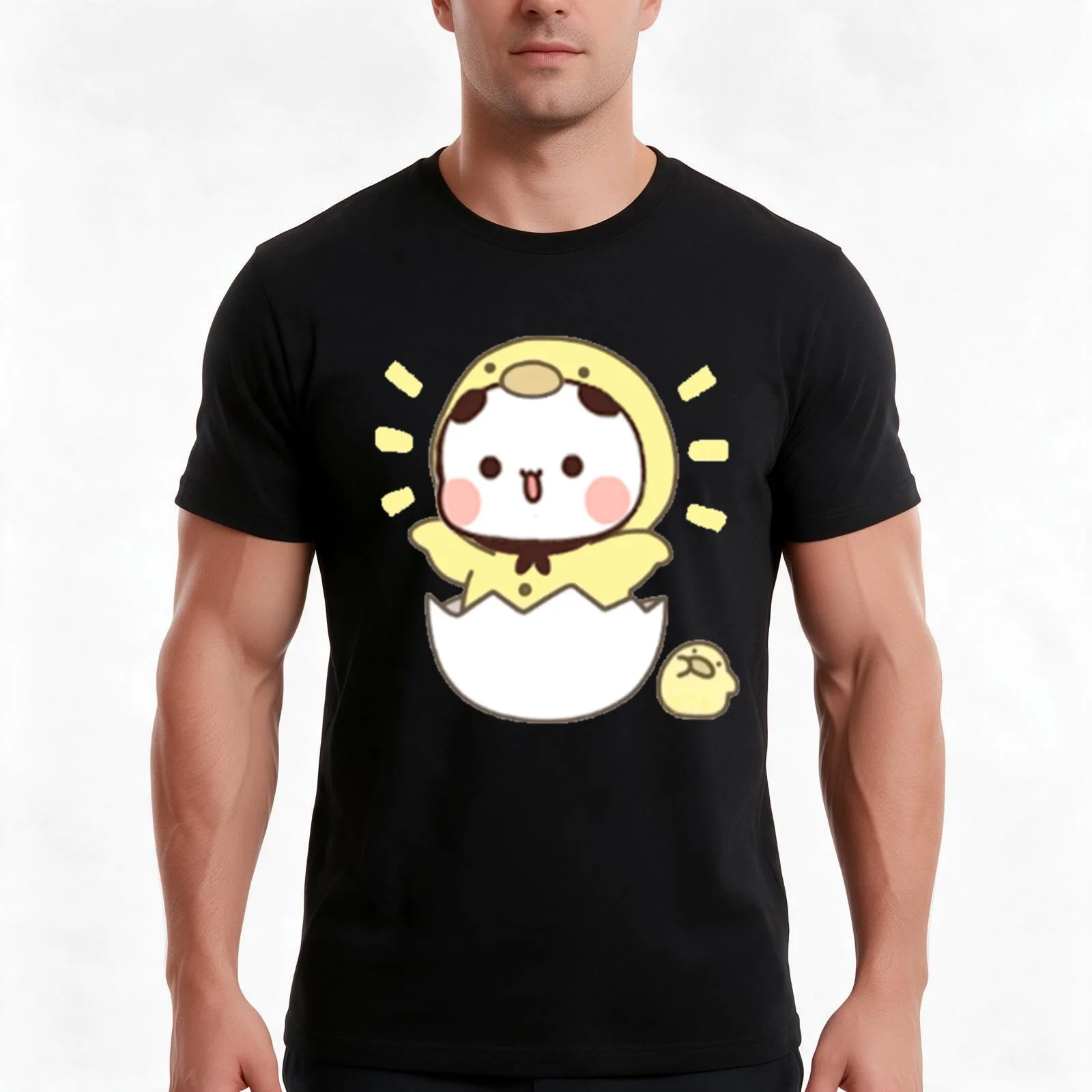 Cute Little Chicken Bubu Open T-Shirt, Summer Casual Cotton Tee, Oversized Streetwear Tops, Vintage Graphic Print, 100% Cotton