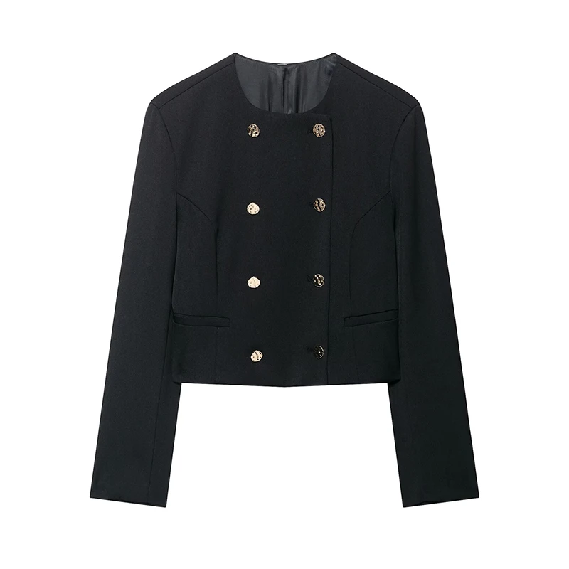 

Willshela Women Fashion Solid Double Breasted Cropped Blazer Vintage O-Neck Long Sleeves Female Chic Lady Outfits
