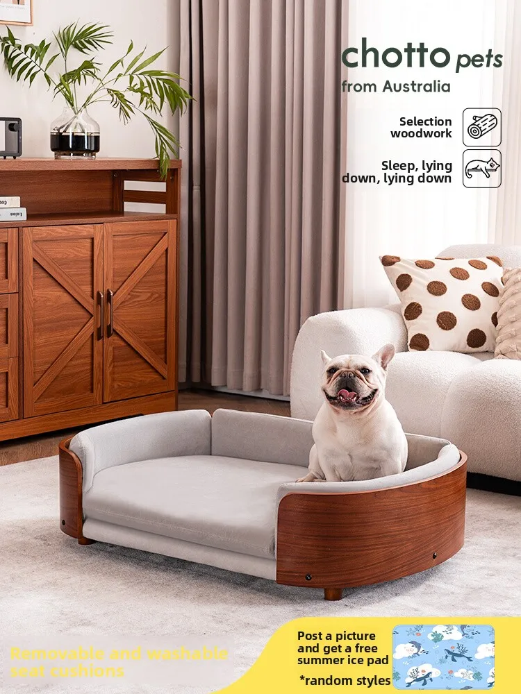 أريكة سرير خشبية فاخرة للحيوانات الأليفة مع وسادة قابلة للغسل للمنازل الحديثة #3
