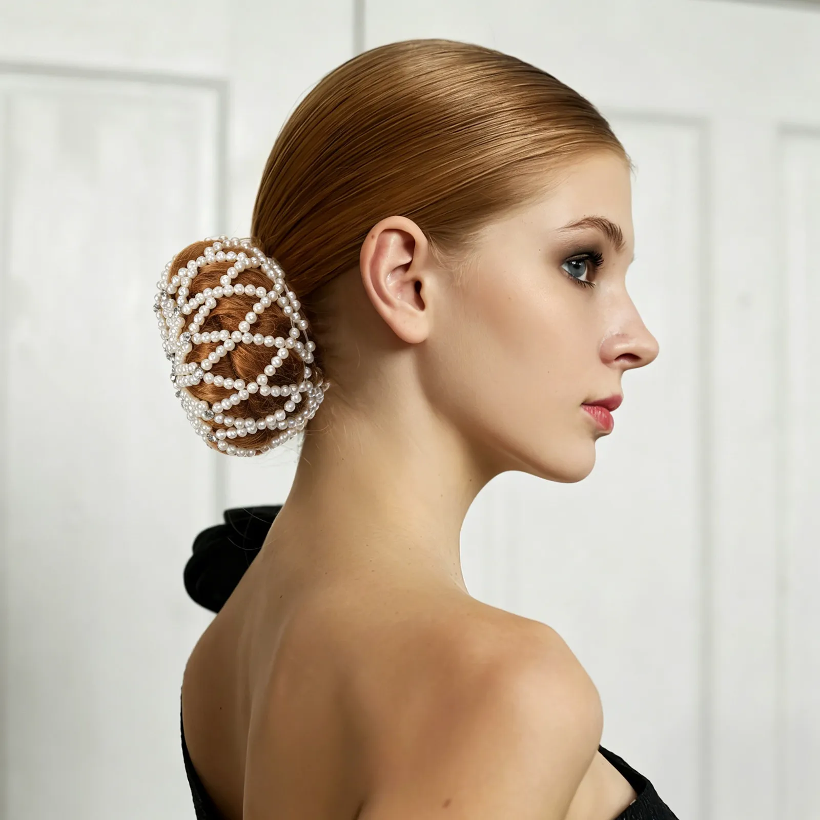 Black Elastic Pearl Crochet Hair Snood for Dance, Gymnastics, Sports & Formal Occasions