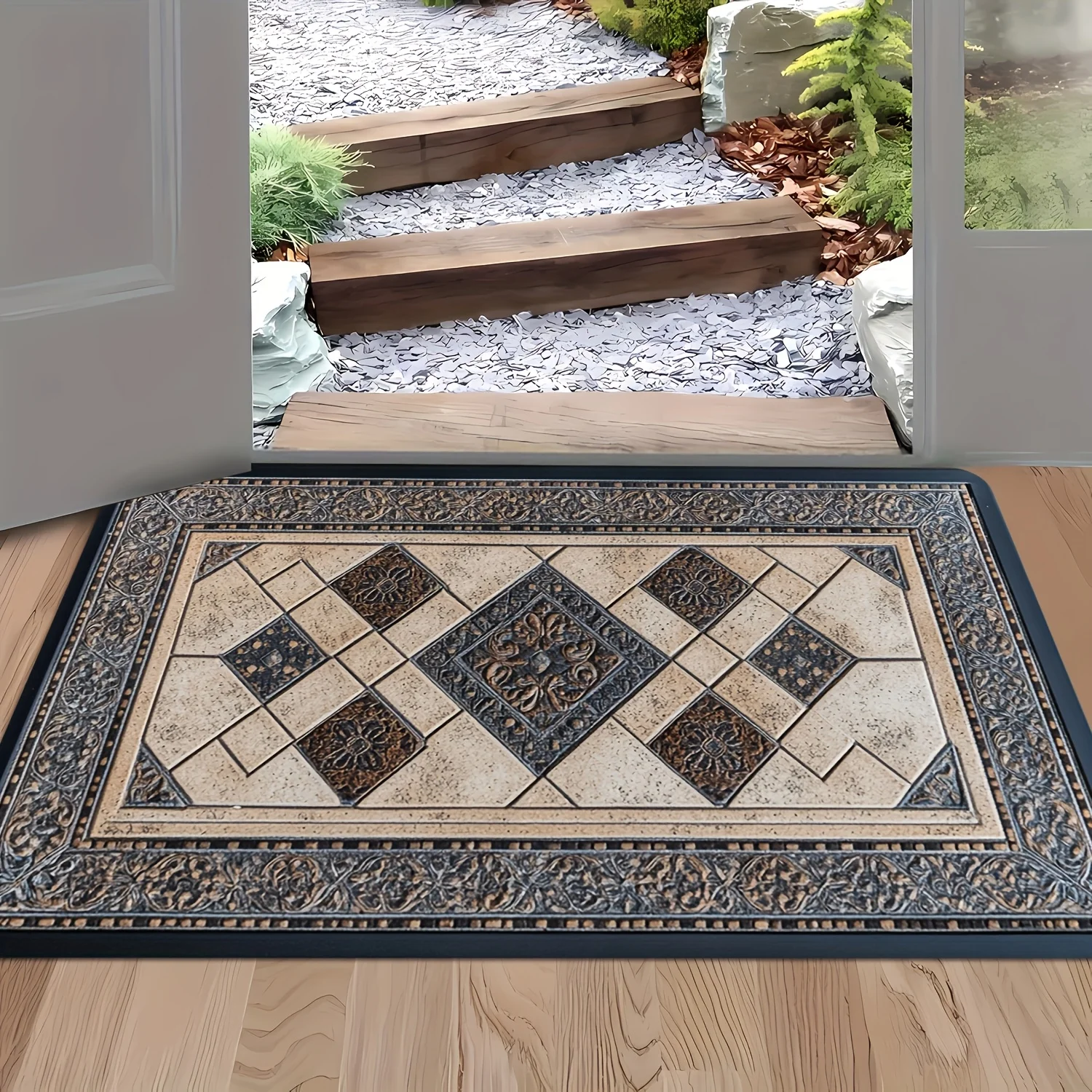1pc Rectangular Indoor/Outdoor Welcome Door Mat Decorative Ceramic Tile Pattern with Geometric Border Machine Washable Polyester