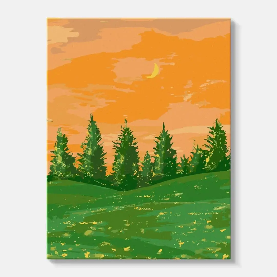27738-Mountain Pine Dusk Moon Landscape Canvas Painting