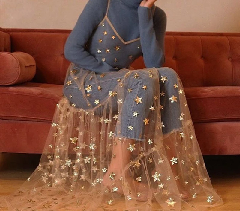 Mesh See-Through High Waist Maxi Dress For Women Vacation Bikini 2024 Summer Casual Pentagram Decoration Pleated Beach Dress