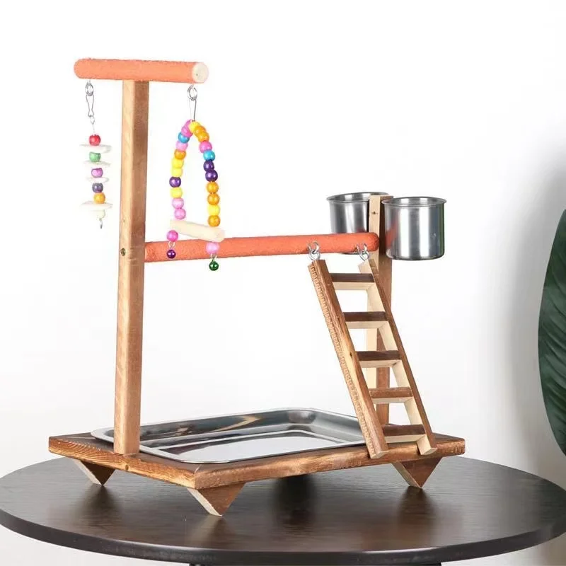 Parrot Playstands with Cup Toys Tray Bird Swing Climbing Hanging Ladder Bridge Wood Cockatiel Playground Bird Perches