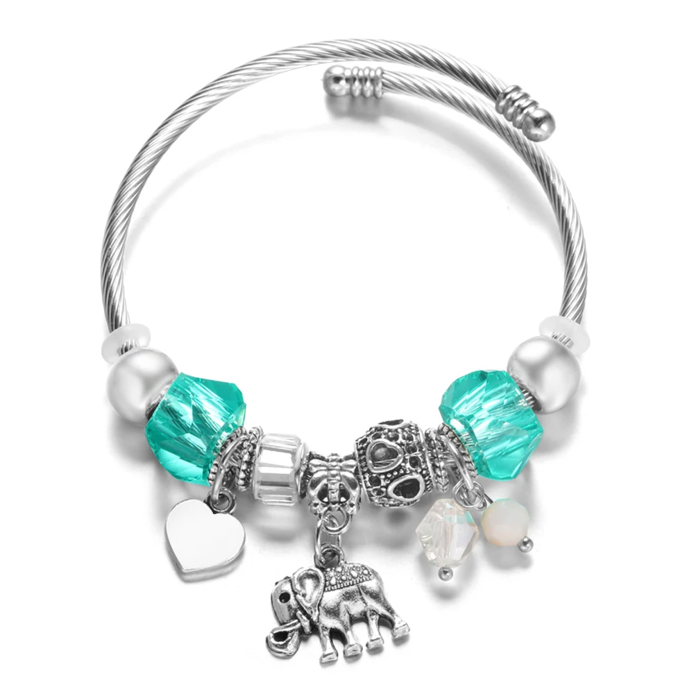 6 Colors Heart Shaped Elephant Pendant Beaded Bracelet Closure Adjustable Bangles Stainless Steel Women Wrist Bracelet Jewelry