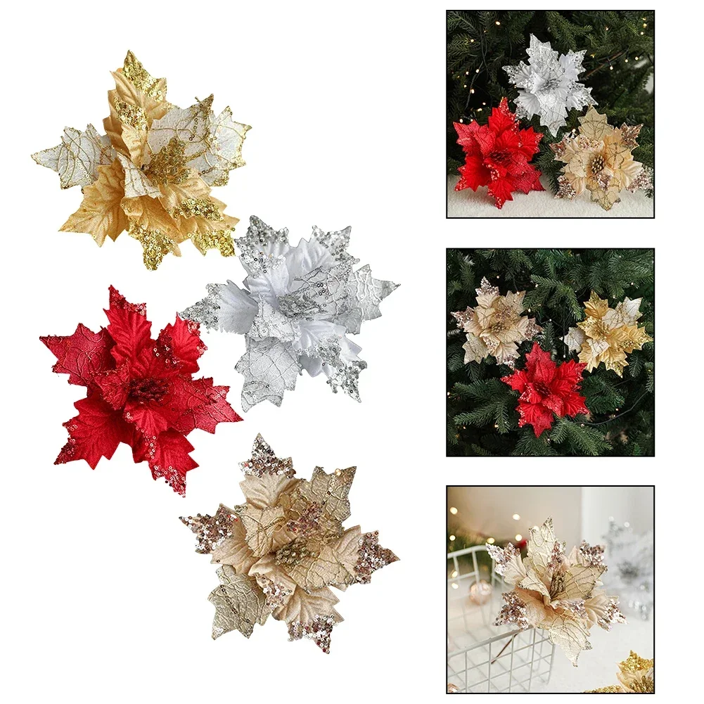 Christmas Poinsettia Glitter Flower Hanging Xmas Party Tree Decoration Four Color Chrismas Tree Pendants Ornament Home Decoratio