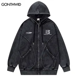 Vintage Oversize Hoodies Jacket Y2K Embroidered Patchwork Full Zip Up Hooded Sweatshirt Hip Hop Harajuku Baggy Washed Streetwear