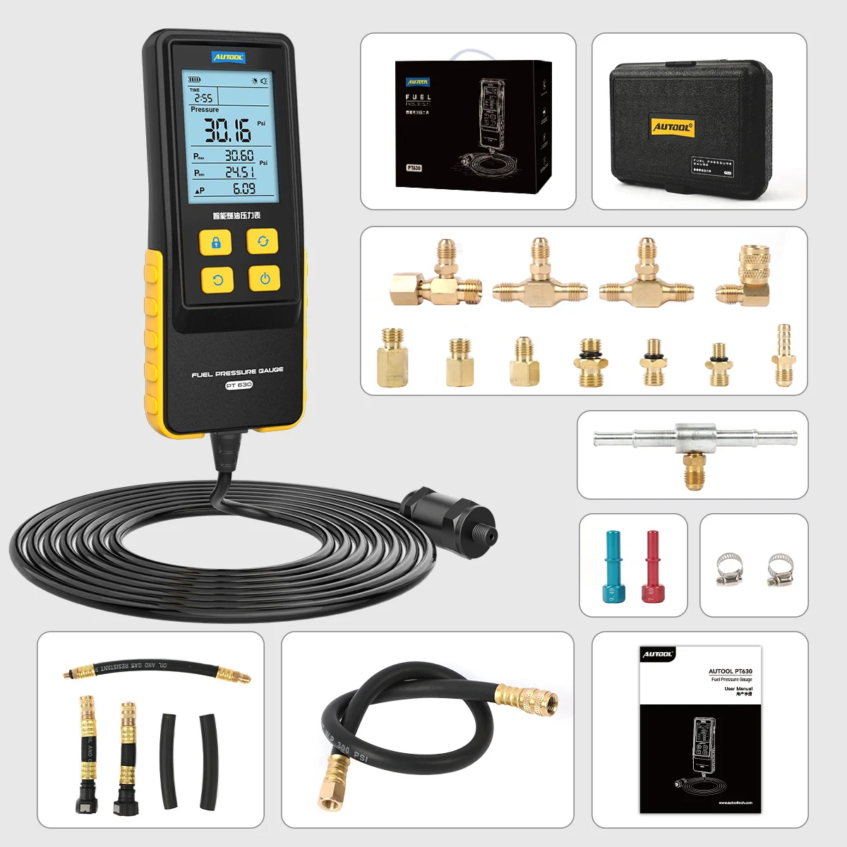 Electronic Digital Fuel Pressure Diagnostic Tool  for car Pt630 Analyzer Monitoring Gauge With Data Holding Various Adapters