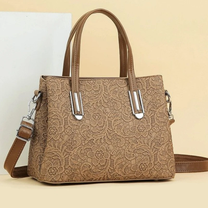 New Multi Layer Elegant Women's Lace Handbag with Large Capacity PU Leather Shoulder Crossbody Bag Work Gifts Khaki red black
