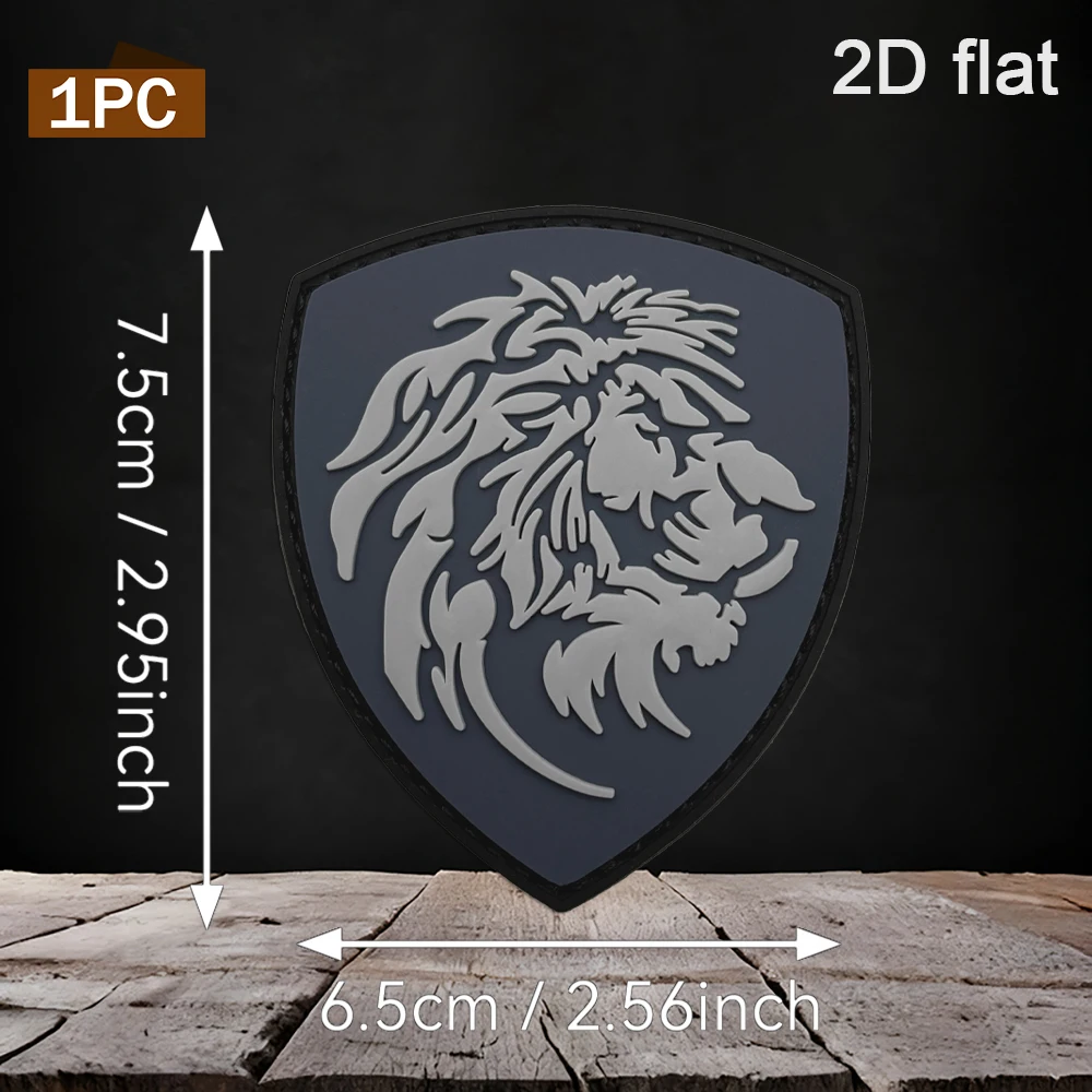 Specifications Available: 1Pc/2Pcs/3Pcs 2D Shield-Shaped Silhouette Lion Pvc Rubber Patch with Hook and Loop Fastener, Includes Felt Backing, 3D Embossed Gray-Blue Color-Blocking, Simple Tactical Style, Waterproof, Wear-Resistant, Fade-Resistant, Suitable for Tactical Vests, Workwear Backpacks, Functional Solid Color Animal Head Decorative Patch
