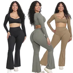 TK Hot Women Flare Leggings High Waist Yoga Pants High-elastic Dancing Leggings Workout Gym Long Sleeved Top Sports Yoga Suit