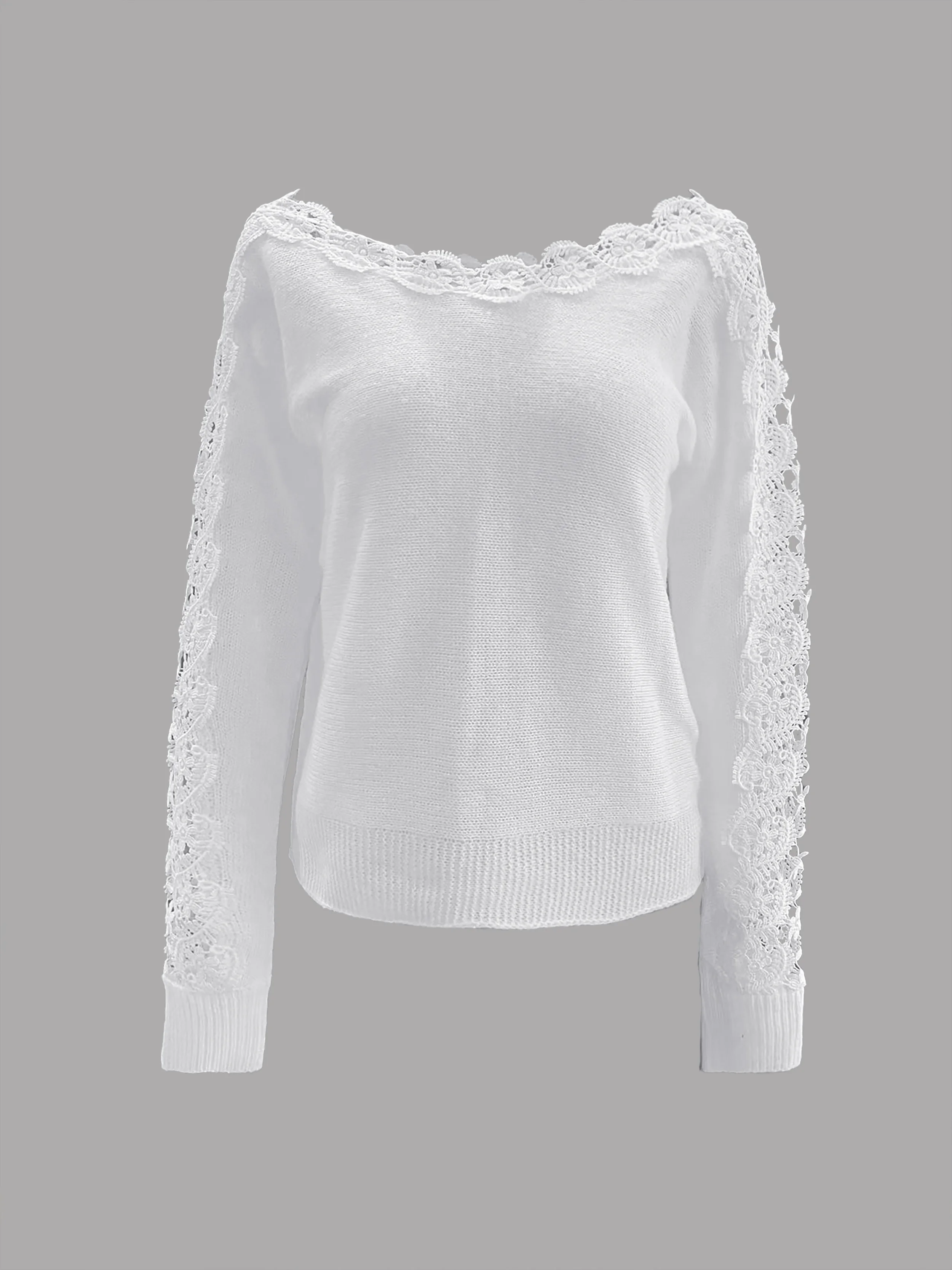 Pullover lavorato a maglia in pizzo Guipure a contrasto solido elegante manica lunga girocollo Top abbigliamento donna