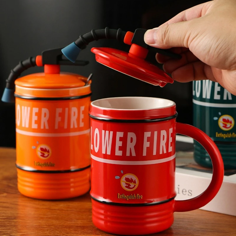 Fire Equipment Shaped Mug Creative Ceramic Cup Office Novelty Water Cup with Lid and Spoon