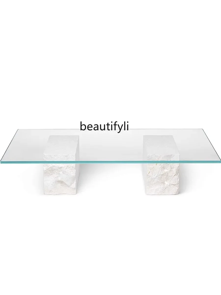 Nordic minimalist white marble tempered glass coffee table, personality destruction style designer living room tea table