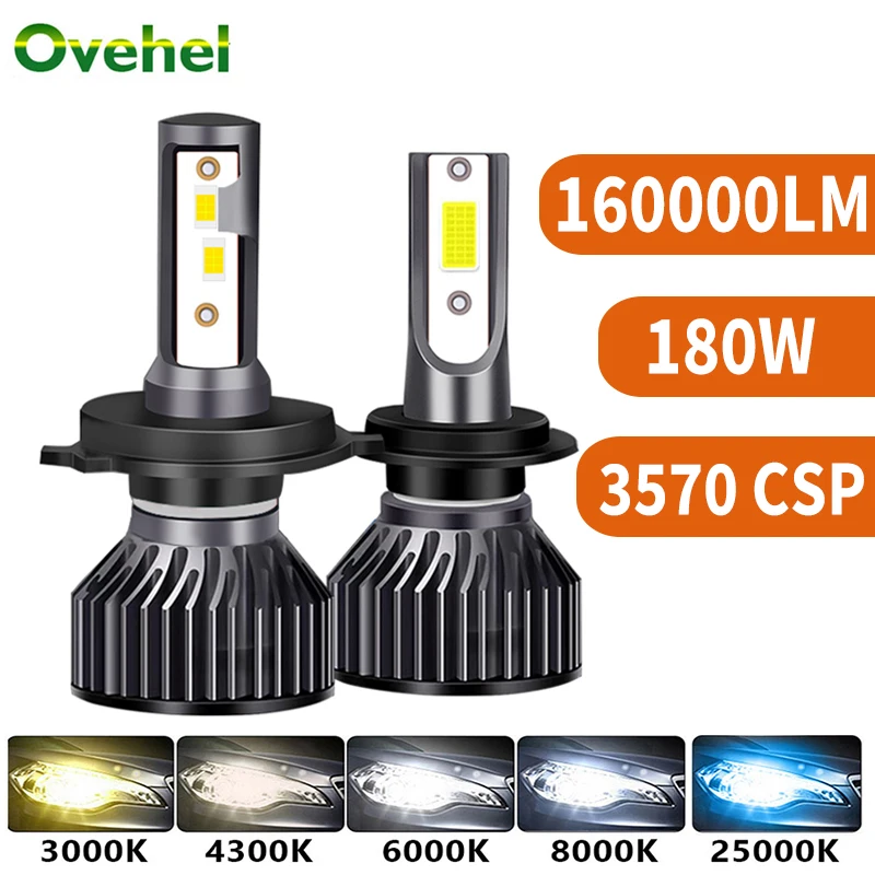 OVEHEL H4 LED Headlight 3570 Chip 180W LED H7 160000LM H1 H11 H8 H9 4300K 6000K 8000K PTF Ice Bulbs Turbo Fog Light 12V